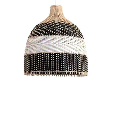 Modern Rattan Bamboo Black and White Dome 3-Light Chandelier