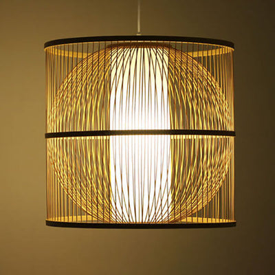 Lustre suspendu moderne chinois en bambou tressé carré rond à 1 lumière 