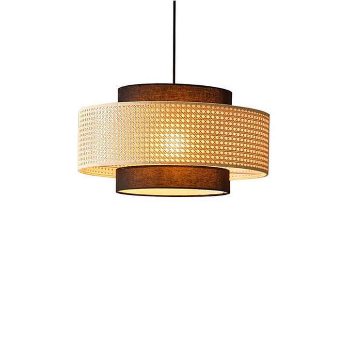Traditional Vintage PE Rattan Weaving Fabric Round Drum 1-Light Pendant Light For Dining Room