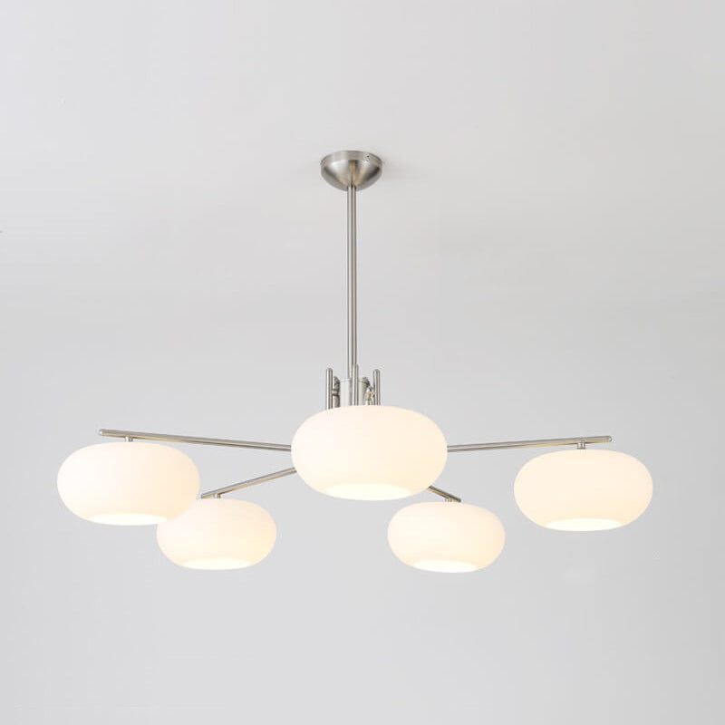 French Minimalist White Dome Glass Shade  5-Light Chandelier