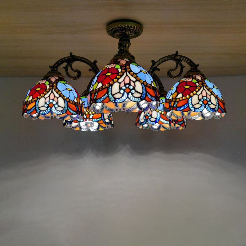 Traditionelle europäische Tiffany Eisen Buntglas 3/5/6-Licht Halbbündige Montage Licht 