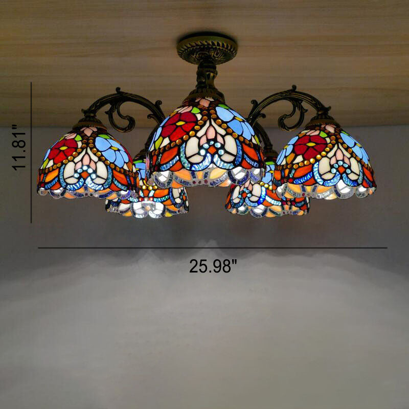 Traditional European Tiffany Iron Stained Glass 3/5/6-Light Semi-Flush Mount Light