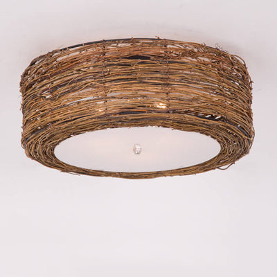 Vintage Rustic Rattan Weaving Round 1-Light Flush Mount Ceiling Light