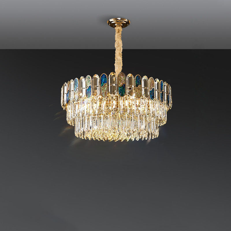 Modern Luxury Round Shell Embellishment Tiered Iron Crystal Shade 11/12/15/21/28-Light Chandelier For Living Room