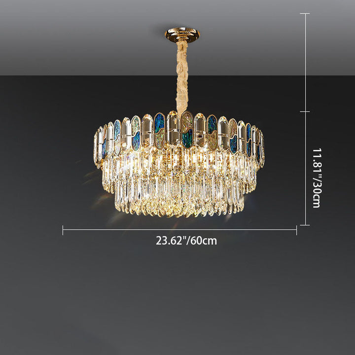 Modern Luxury Round Shell Embellishment Tiered Iron Crystal Shade 11/12/15/21/28-Light Chandelier For Living Room