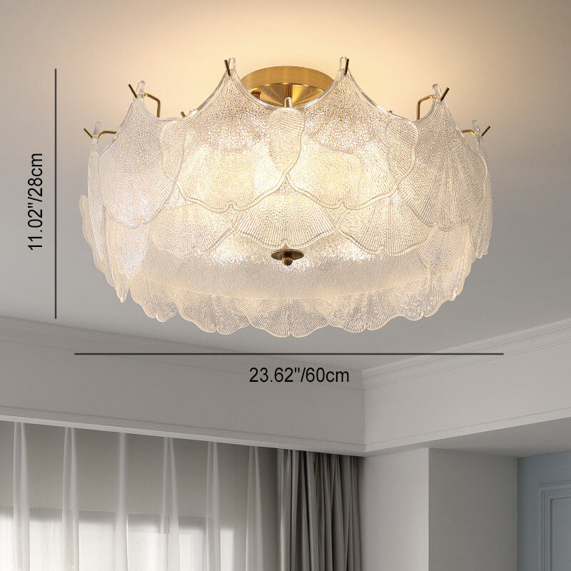 Traditionelle französische Ginkgo-Blatt-Hardware-Glas 5/8 Licht Semi-Flush-Mount-Deckenleuchte für das Wohnzimmer 