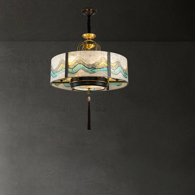 Cylindre en verre émaillé chinois traditionnel avec cadre en laiton 4/6 lumières lustre pour salon 
