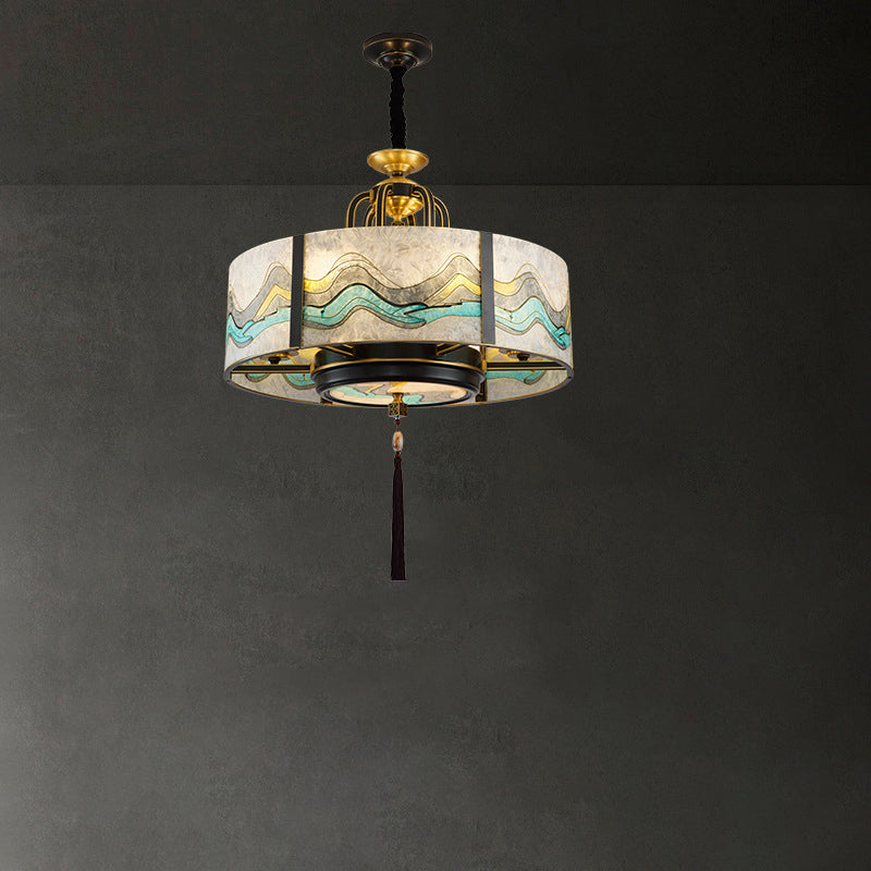 Cylindre en verre émaillé chinois traditionnel avec cadre en laiton 4/6 lumières lustre pour salon 