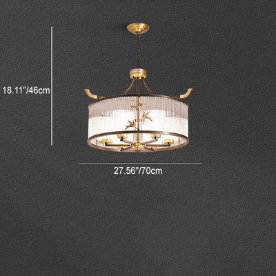 Chandelier traditionnel chinois à cadre en cuivre avec abat-jour en verre nervuré 4/6/8 lumières pour salon 