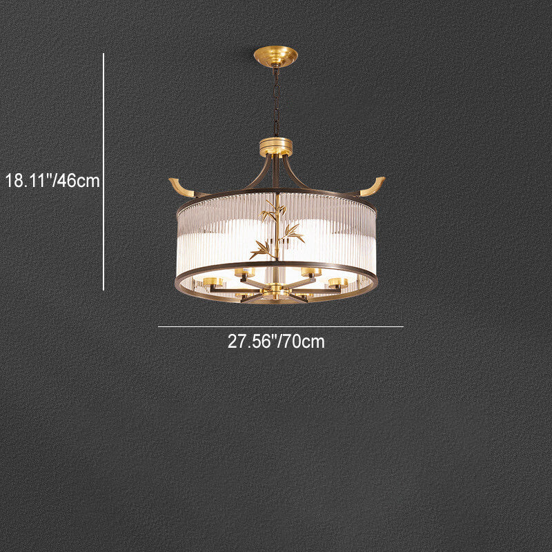 Chandelier traditionnel chinois à cadre en cuivre avec abat-jour en verre nervuré 4/6/8 lumières pour salon 