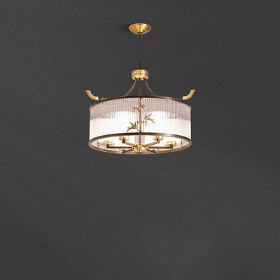 Chandelier traditionnel chinois à cadre en cuivre avec abat-jour en verre nervuré 4/6/8 lumières pour salon 