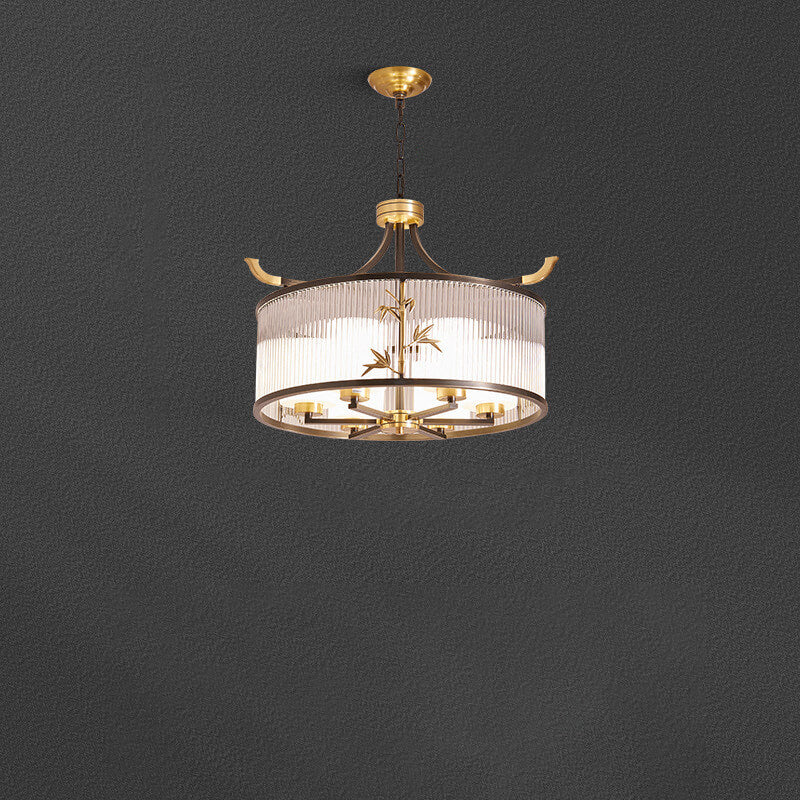 Chandelier traditionnel chinois à cadre en cuivre avec abat-jour en verre nervuré 4/6/8 lumières pour salon 