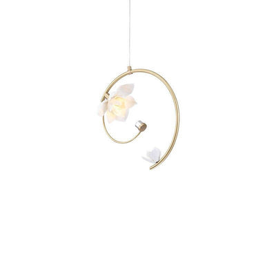 Chinese Retro Ceramic Floral Embellished Copper Arc LED Pendant Light