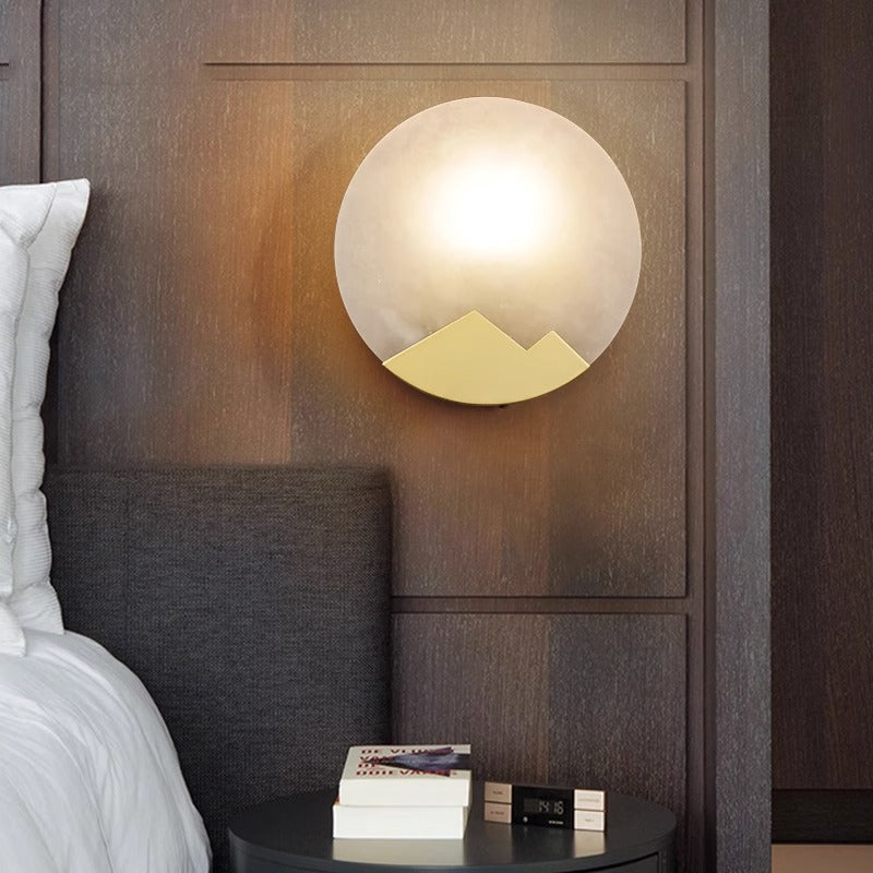 Modern Luxury Marble Round Shade Gold Finish Frame 1-Light Wall Sconce Lamp For Bedroom