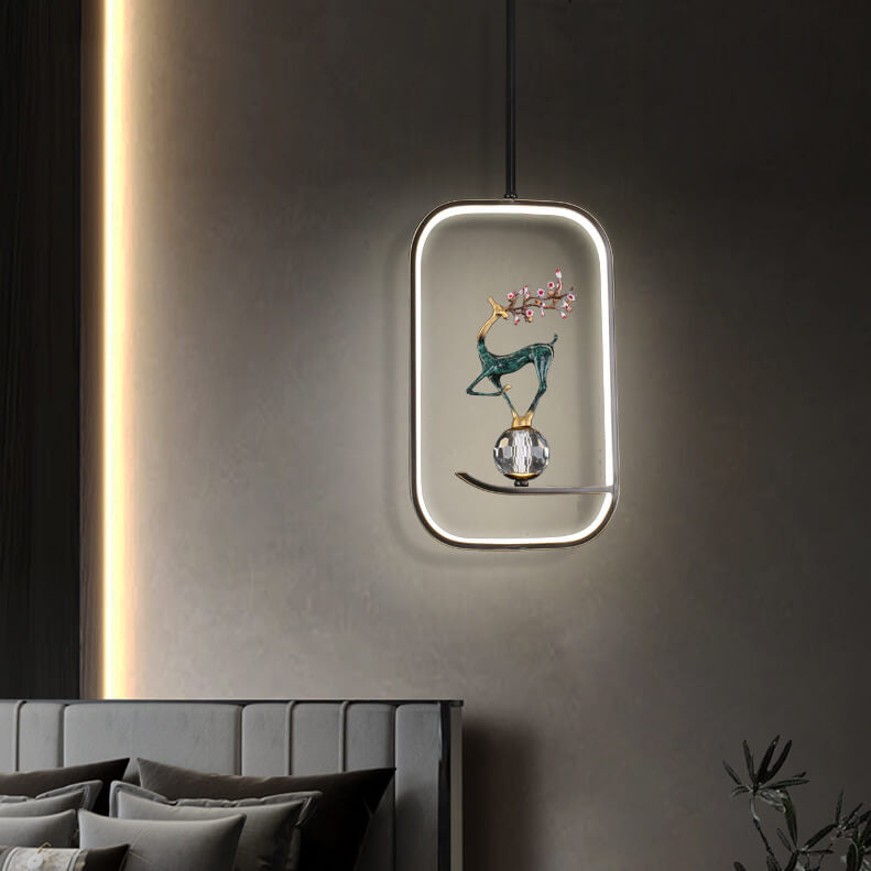 Lustre LED suspendu moderne chinois carré rond anneau prunier cerf 