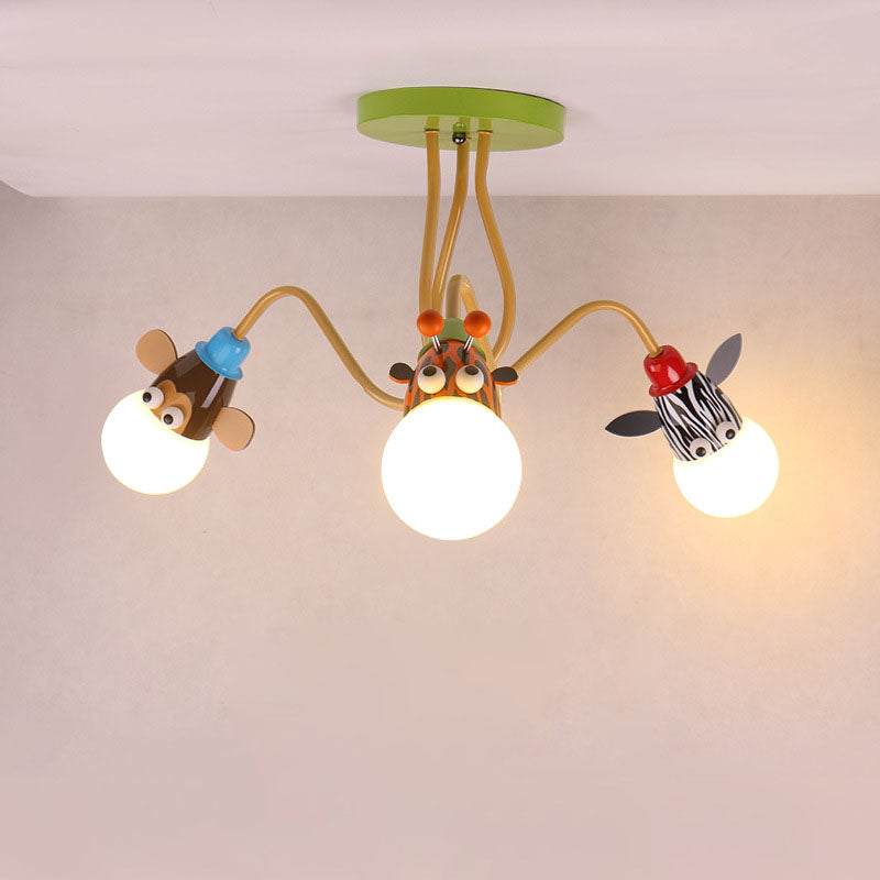 Contemporary Creative Acrylic Cartoon Animal Hardware Frame 3-Light Kids Flush Mount Ceiling Light For Bedroom