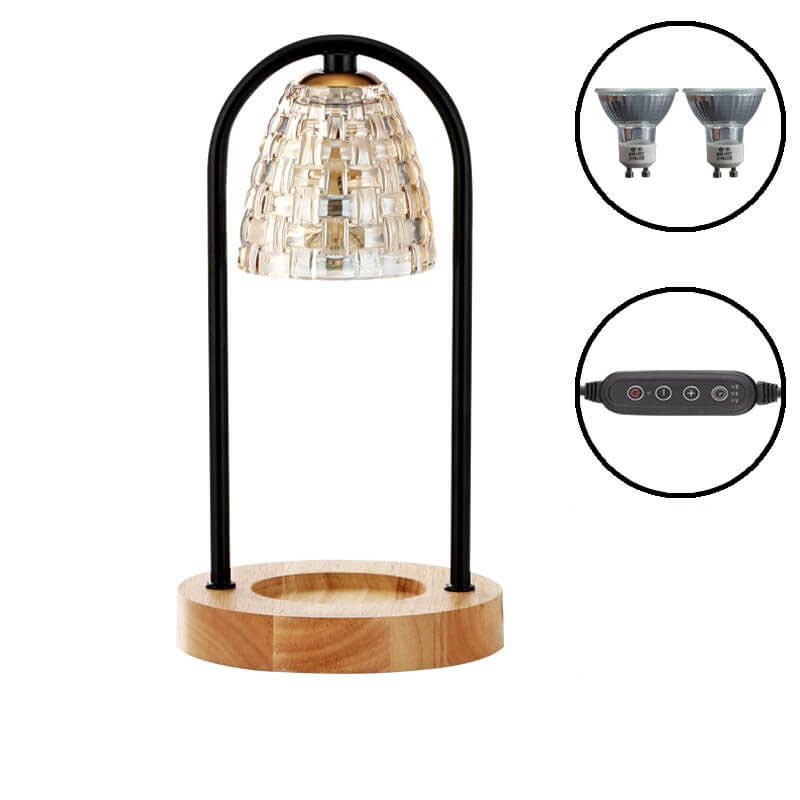Lampe de table à cire fondue à 2 lumières avec abat-jour en verre de luxe moderne et base en bois 