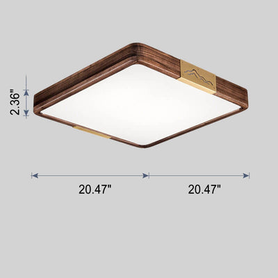 Modern Chinese Walnut Solid Wood Round Square Geometry LED Flush Mount Ceiling Light