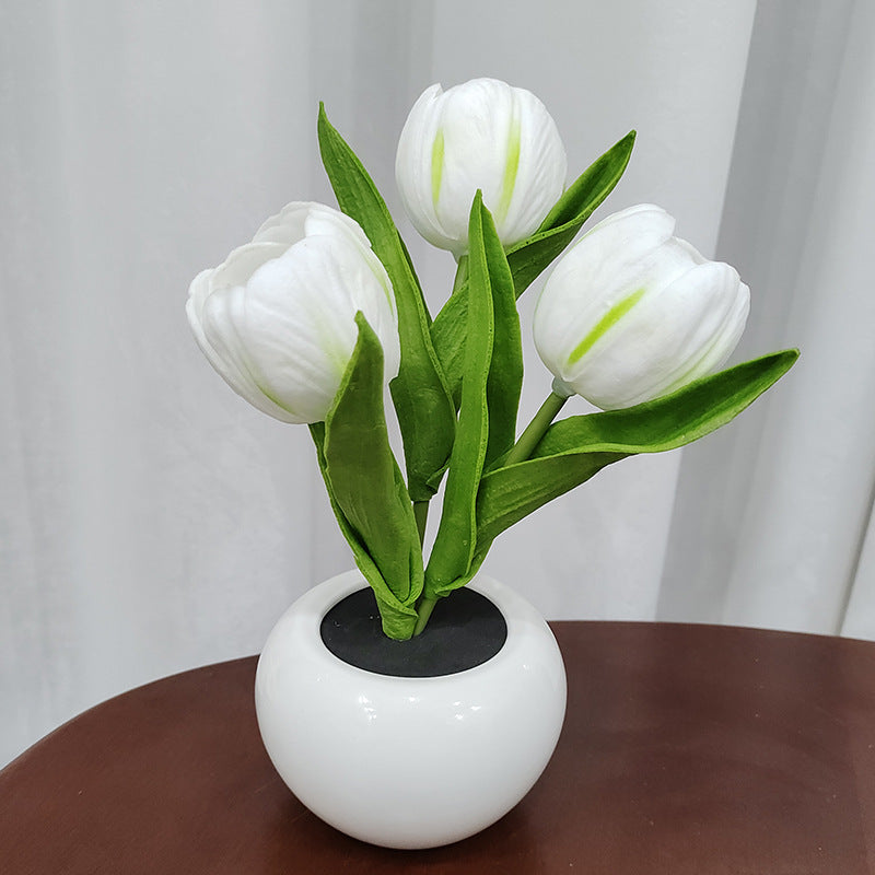 Tulipe Simulation Bouquet Pot de Fleur en Céramique Lampe de Table Lumière Nocturne LED 