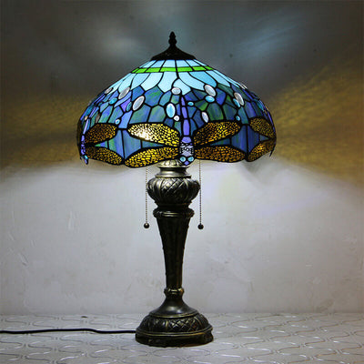 European Vintage Tiffany Dragonfly Peacock Glass Resin 1-Light Table Lamp