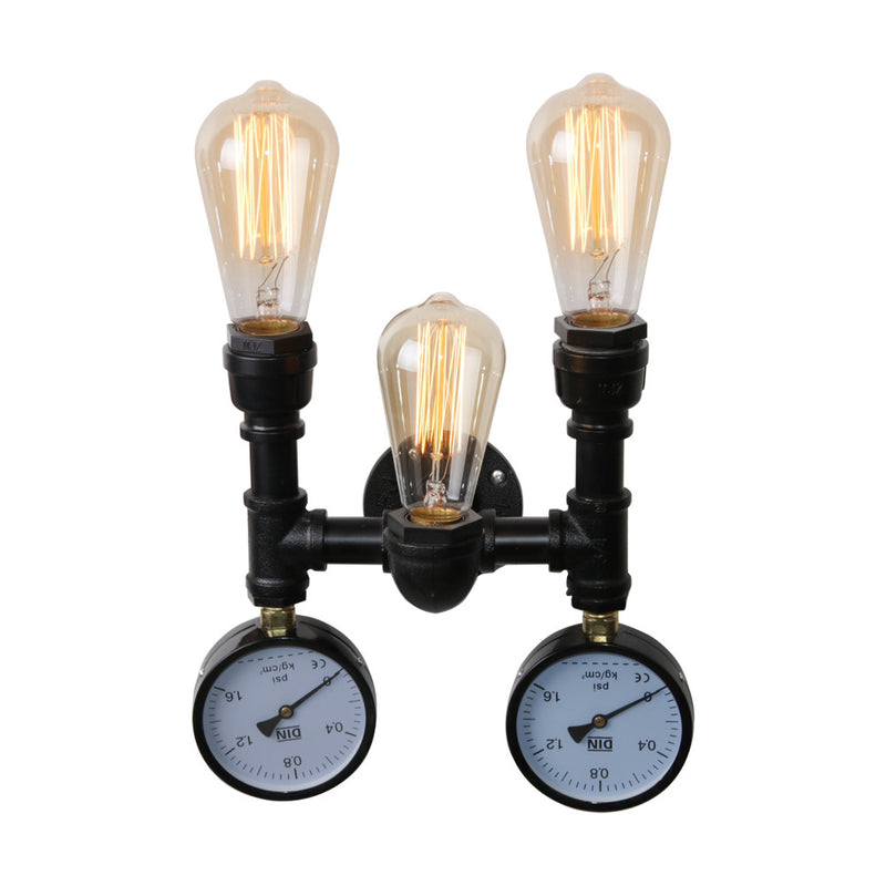 Vintage Industrial Iron Pipe Water Meter 3-Light Wall Sconce Lamp