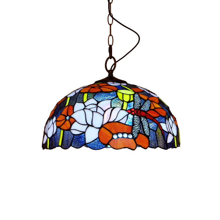 Tiffany European Dragonfly Stained Glass Dome 1-Light Pendant Light