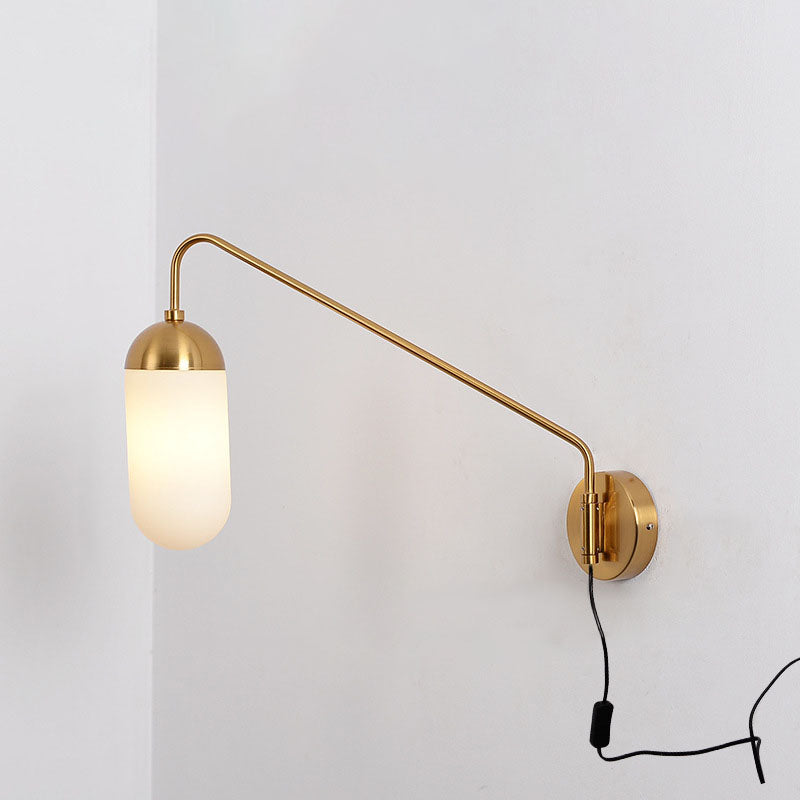 Zeitgenössische nordische Eisen-Glas-Säulen-Wandlampe mit 1 Licht und schwenkbarem Arm, langem Stab, für Wohnzimmer und Schlafzimmer 