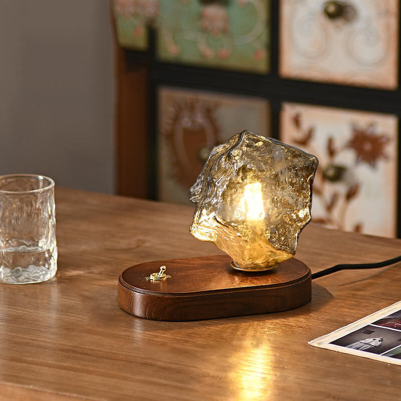 Japanische Vintage Walnuss Unregelmäßige Glaslampenschirm 1-Licht Tischlampe 