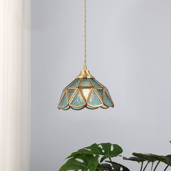 Traditionelle 1-flammige Pendelleuchte im Vintage-Stil mit kegelförmigem Glasschirm mit Wasserstruktur für das Wohnzimmer 