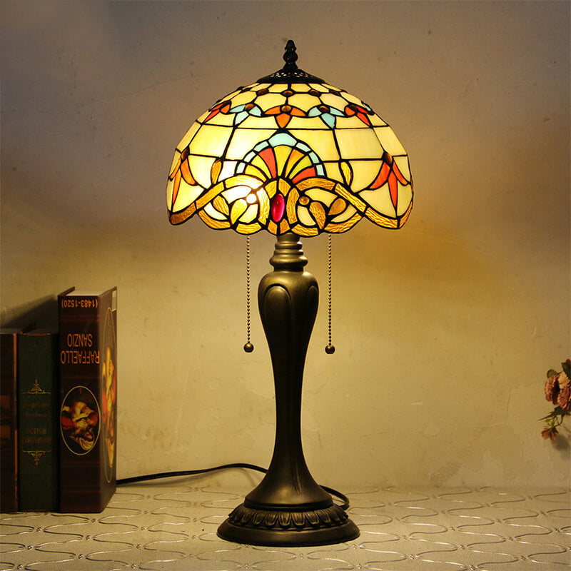 Vintage Tiffany Baroque Stained Glass Dome Pull Cord 1-Light Table Lamp