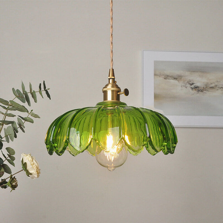 Lustre suspendu en laiton moderne rustique avec une fleur en verre à 1 lumière 
