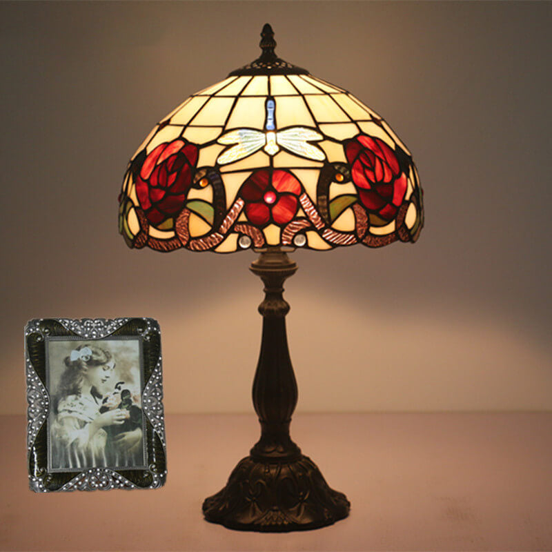 European Tiffany Dragonfly Flower Stained Glass 1-Light Table Lamp