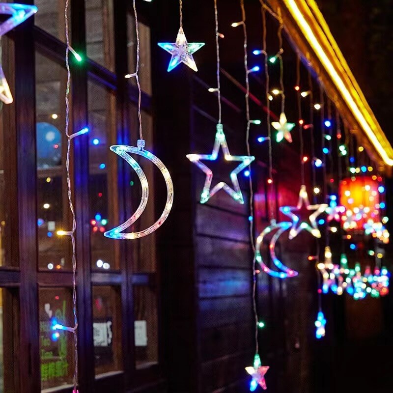 LED-Solar-Stern-Mond-Vorhang-Licht-Weihnachtsterrasse im Freien Dekorative Camping-Schnur-Lichter 