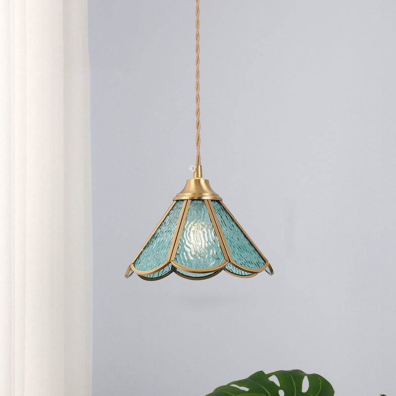 Traditional Vintage Petal Cone Glass Copper 1-Light Pendant Light for Living Room