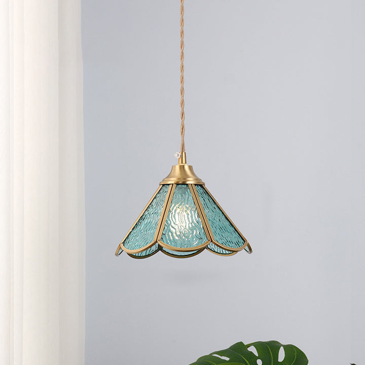 Traditional Vintage Petal Cone Glass Copper 1-Light Pendant Light for Living Room