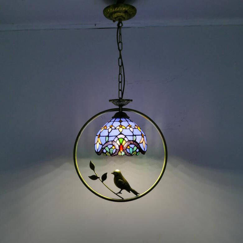 Tiffany Rustic Dome Stained Glass Ring Bird Design 1-Light Pendant Light