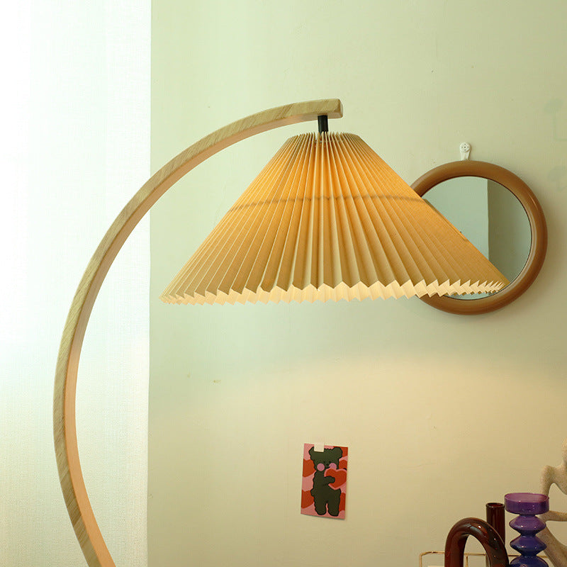 Traditional Japanese Pleated Cone PVC Fabric Iron Beech Wood 1-Light Standing Floor Lamp For Home Office