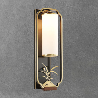 Modern New Chinese Copper Glass Column Ring 1-Light Wall Sconce Lamp