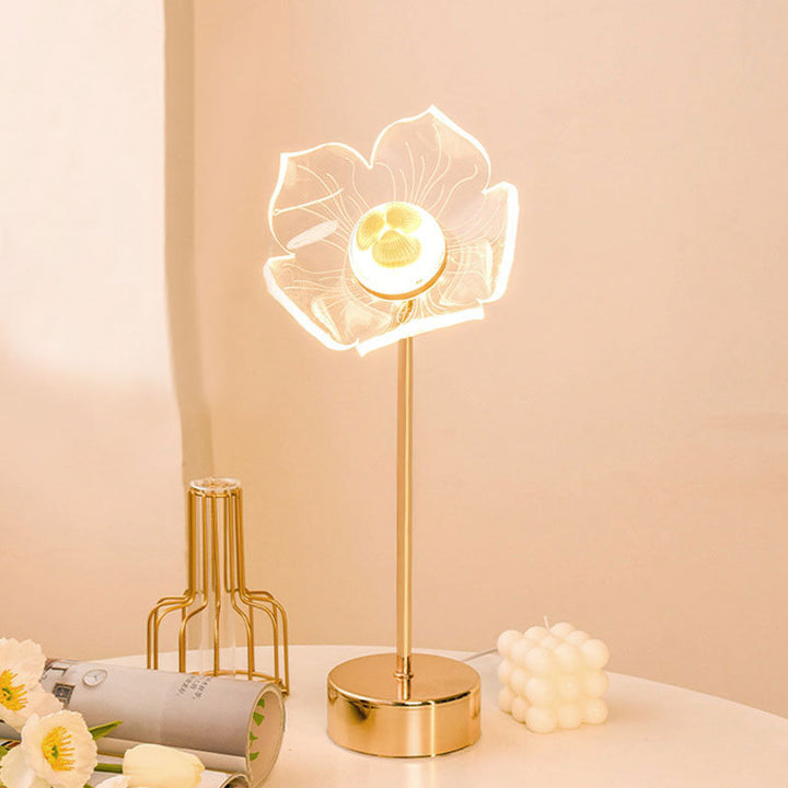 Moderne minimalistische LED-Tischlampe aus Acryl mit Blumen- und Schmetterlingsmotiv in Gold für das Schlafzimmer 