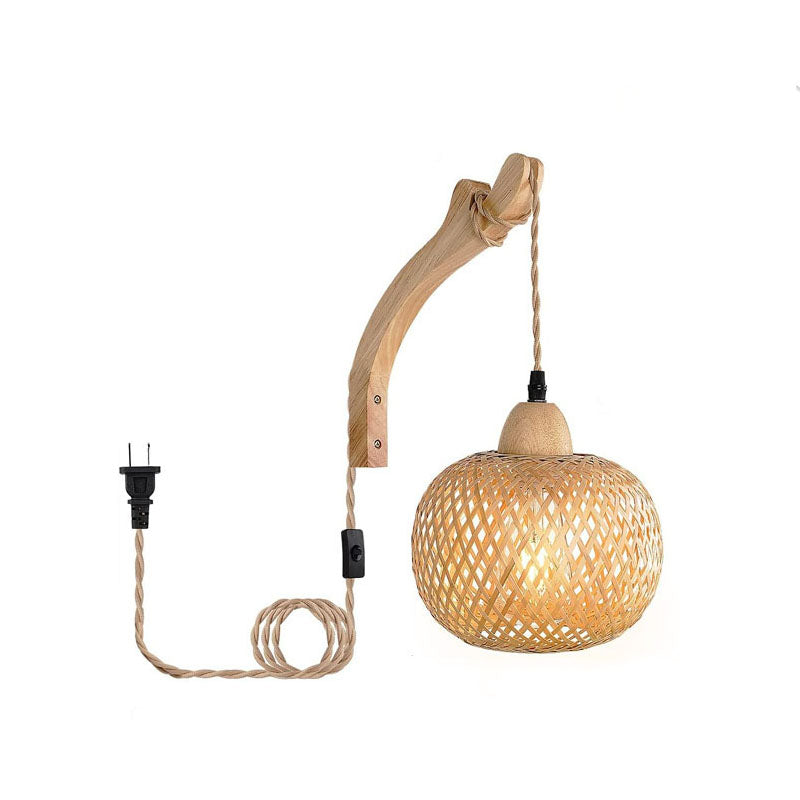Japanese Vintage Round Head Rattan Weaving 1-Light Wall Sconce Lamp
