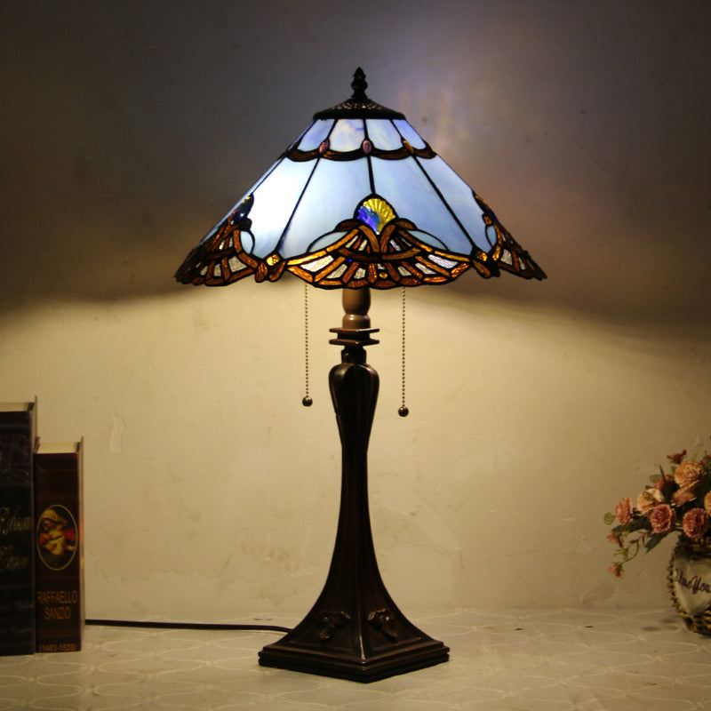 Lámpara de mesa de 2 luces con cordón de tiro en forma de cono de vidrio teñido estilo Tiffany Mediterráneo 