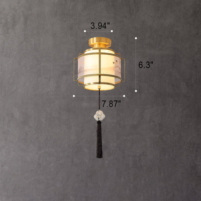 Modern Chinese Copper Fabric Round Tassel 1-Light Semi-Flush Mount Ceiling Light