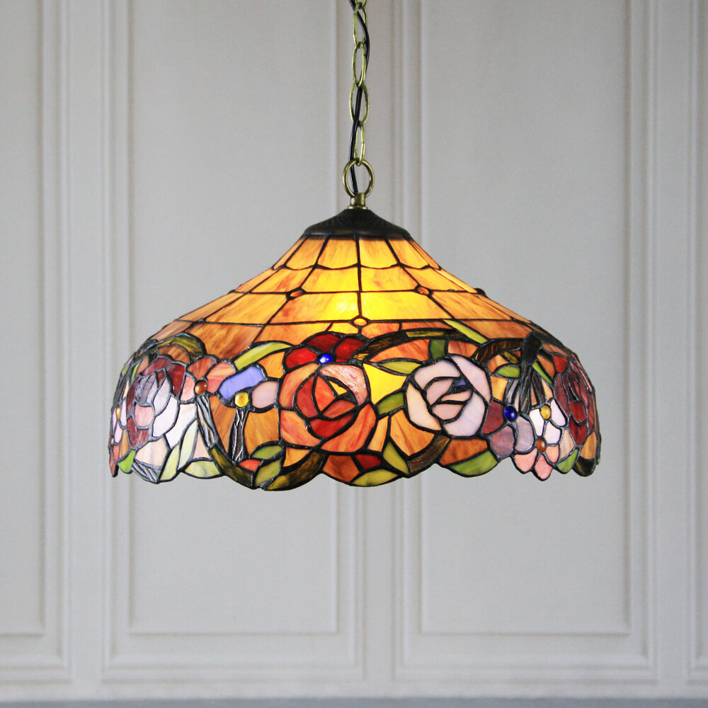 Lámpara colgante de 1 luz con cúpula de vidrio teñido estilo Tiffany Rustic 