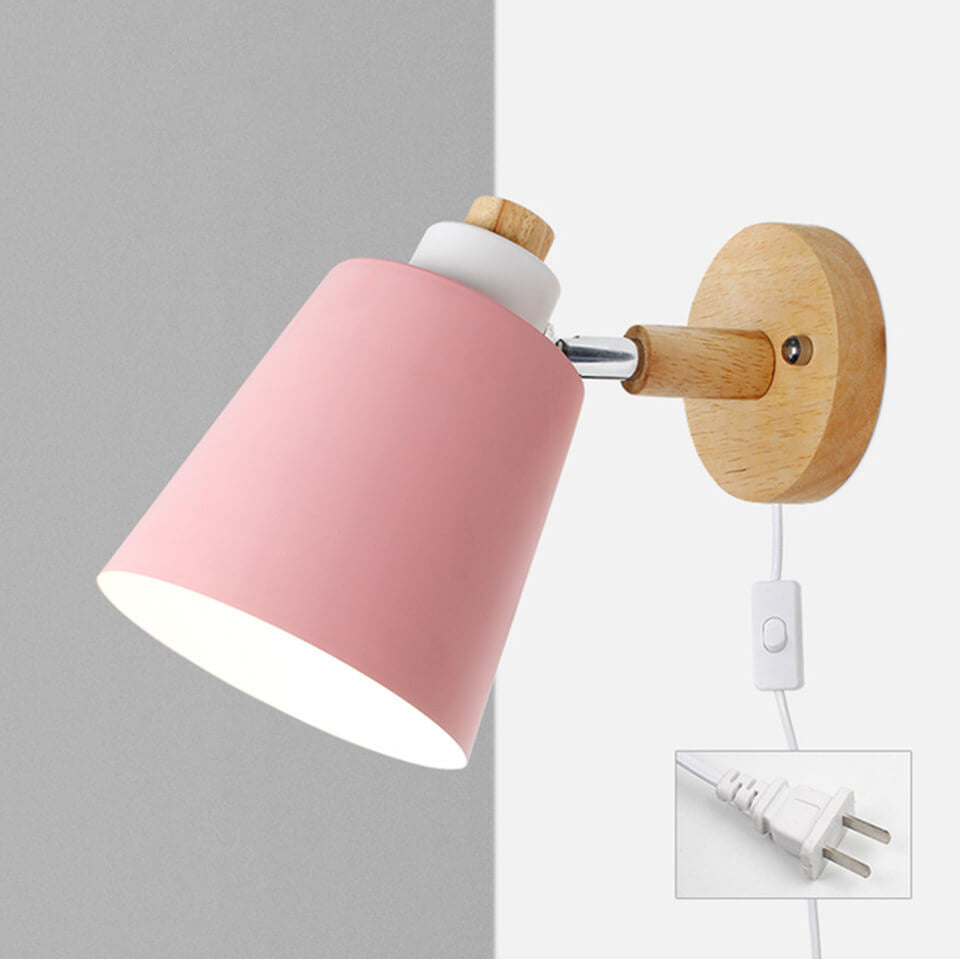 Minimalist Macaron Barrel Shade Wooden Chassis Plug 1-Light Wall Sconce Lamp for Living Room