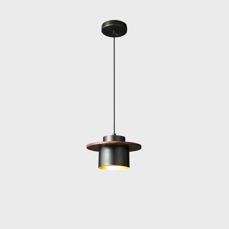 Contemporary Nordic Cylindrical Walnut Copper 1-Light Pendant Light For Living Room &amp; Bedroom