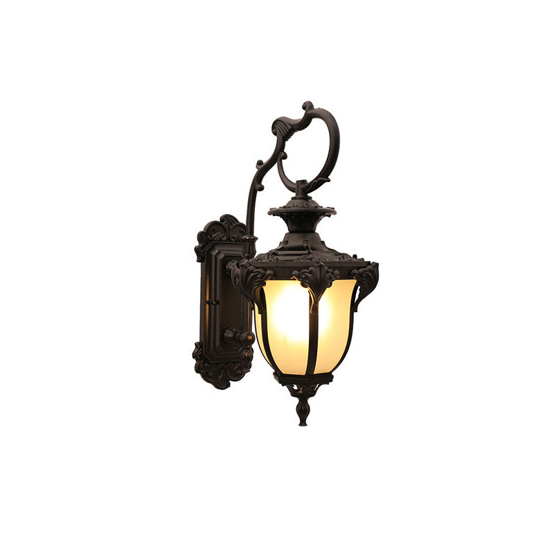 Traditional European Aluminum Glass Carved Lantern 1-Light Outdoor Waterproof Wall Sconce Lamp