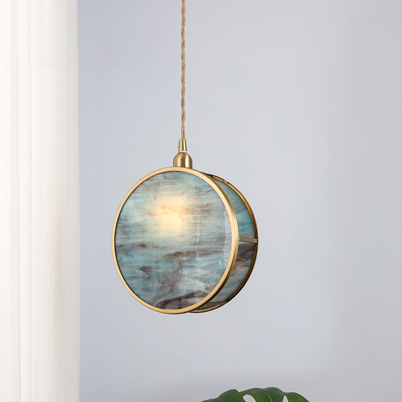 Japanese Vintage Round Drum Glass Brass 1-Light Pendant Light