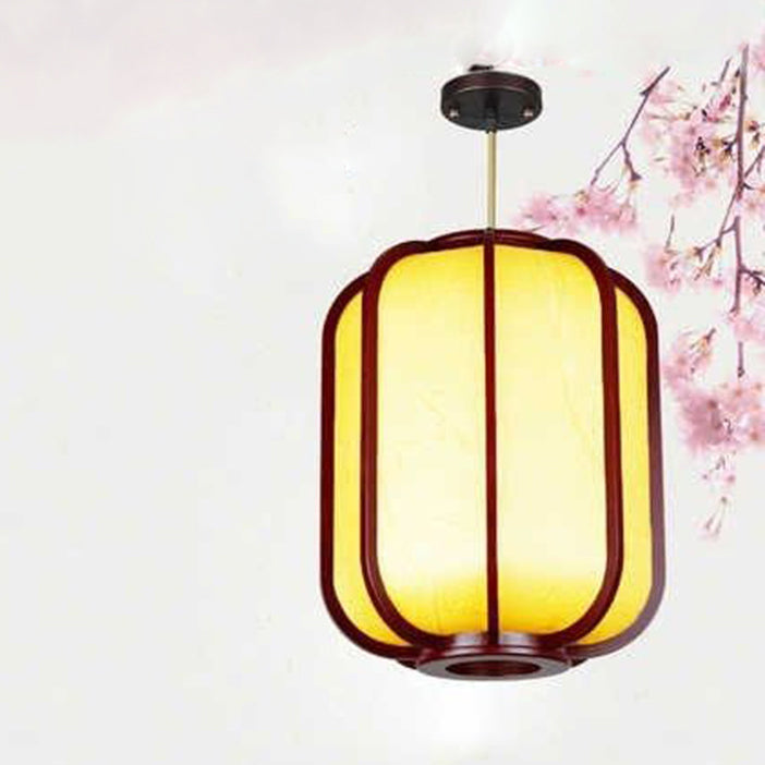 Traditional Chinese Faux Sheepskin Wooden Lantern Round 1-Light Pendant Light for Living Room