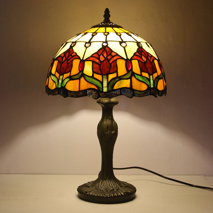 Lámpara de mesa de 1 luz con pantalla abovedada de flores, estilo europeo tradicional Tiffany, de vidrio, aleación y piedras preciosas 