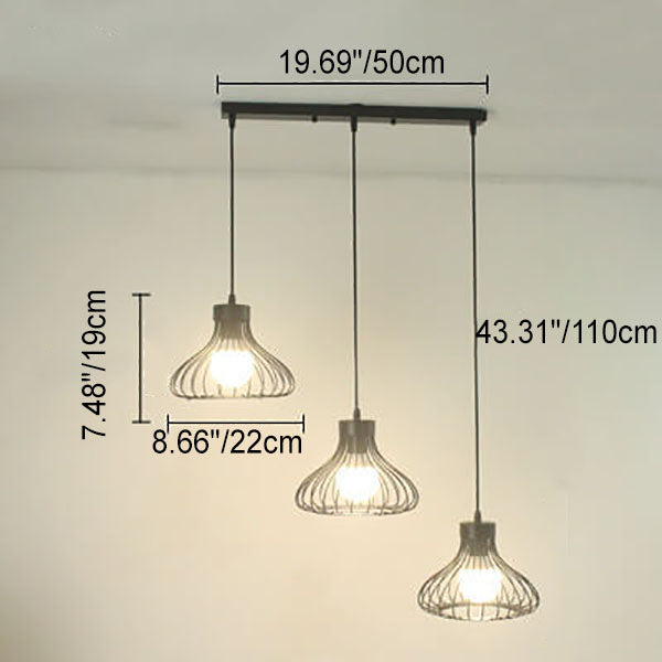Zeitgenössischer industrieller Eisen-Schwarzer ovaler, hohler Käfig-1/3-Licht-Insel-Licht-Kronleuchter für das Wohnzimmer 
